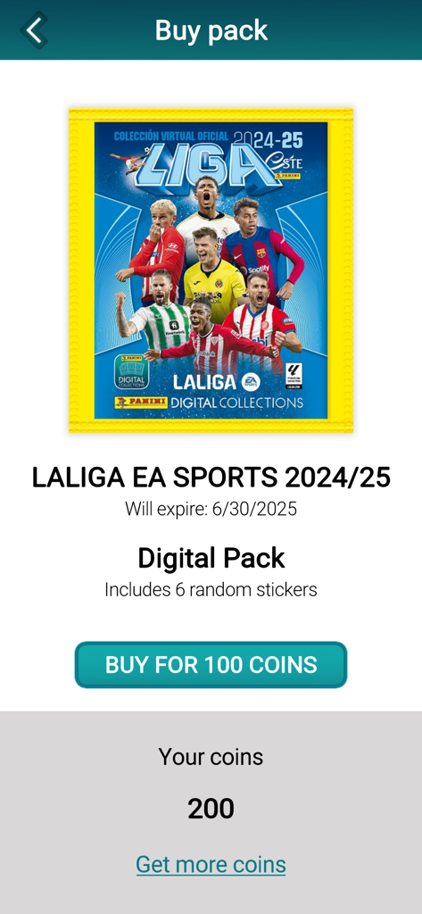 Panini Digital Collections - Interfaz de la app Colecciones Digitales Panini mostrando un sobre digital de LaLiga EA Sports 2024/25 por 100 monedas.