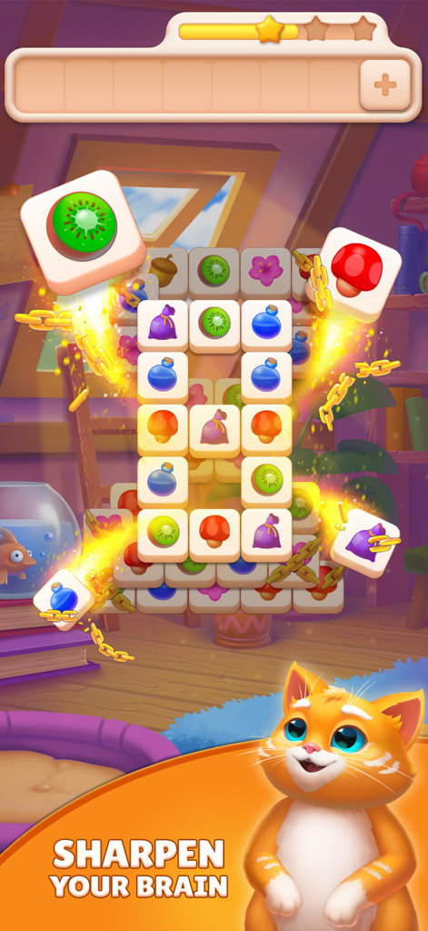 Tile Yard: Matching Game - Tile Yard matching puzzle game screen featuring a ginger cat and colorful tiles with the slogan sharpen your brain