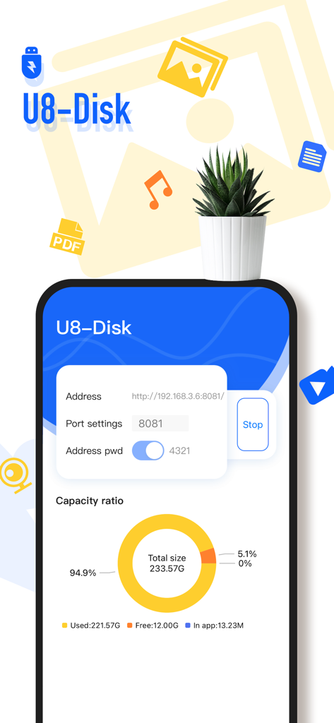 Interfaz de la aplicación U8-Disk que muestra la dirección IP local para transferencia inalámbrica de archivos y un gráfico de capacidad de almacenamiento del dispositivo