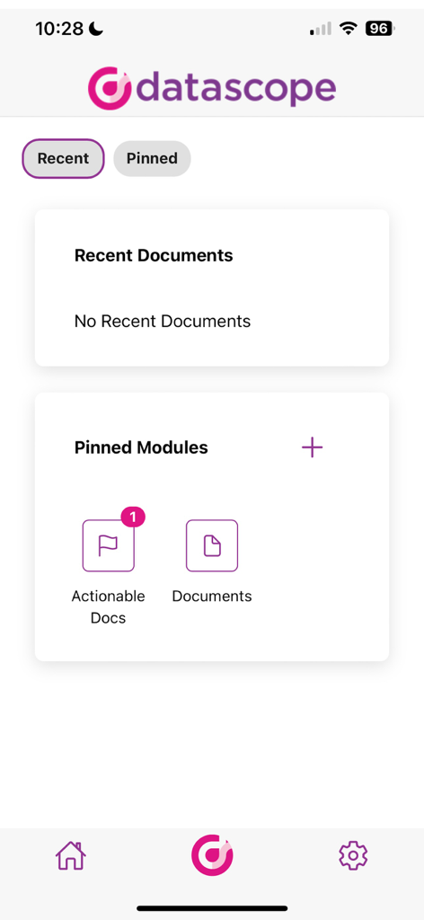 DataScope Site Documents App - DataScope Site Documents app dashboard showing recent documents and pinned modules like actionable docs and documents.
