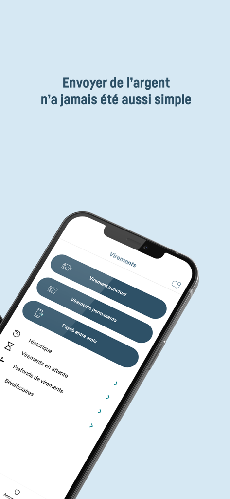 Banque Transatlantique mobile - Tela de gerenciamento de transferência de dinheiro do aplicativo móvel Banque Transatlantique exibindo opções para transferências únicas e recorrentes