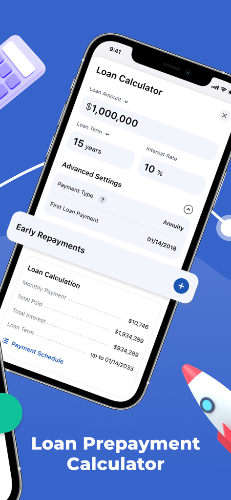 Debt & Bill Tracker – Saldo - Saldo app interface showing a loan calculator with payment terms and interest rates