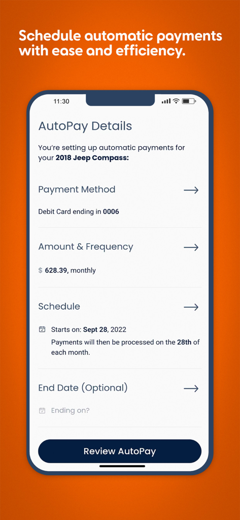 Mobile app screen for scheduling automatic car loan payments with AutoPay details