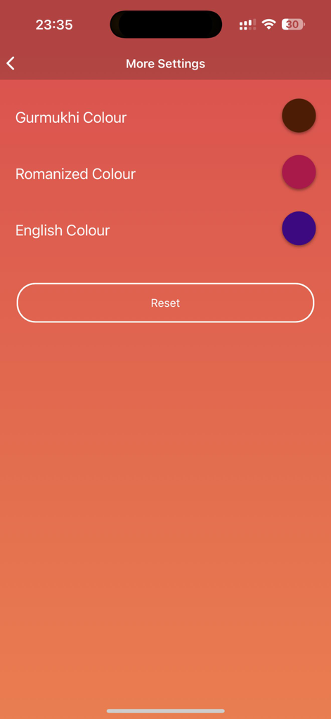 Interface para personalizar cores de texto para traduções Gurmukhi, Romanizada e em Inglês no aplicativo MySikhi.