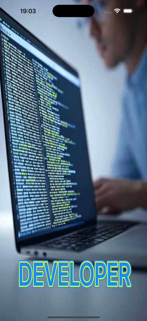 Developer-PRO - A person using a laptop with code on the screen and the Developer app title