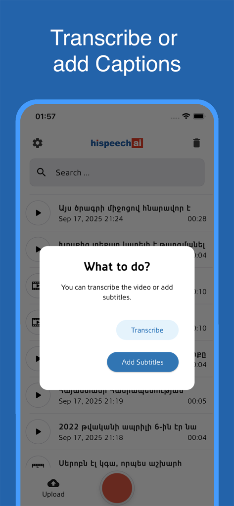 hispeech.ai - Armenian STT - Interface do aplicativo hispeech.ai mostrando um menu pop-up com opções para transcrever vídeo ou adicionar legendas a conteúdo em armênio