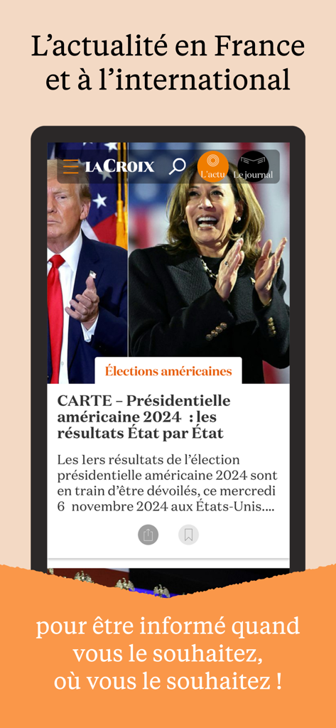 Aplicativo de notícias La Croix mostrando um artigo sobre a eleição presidencial dos EUA em francês
