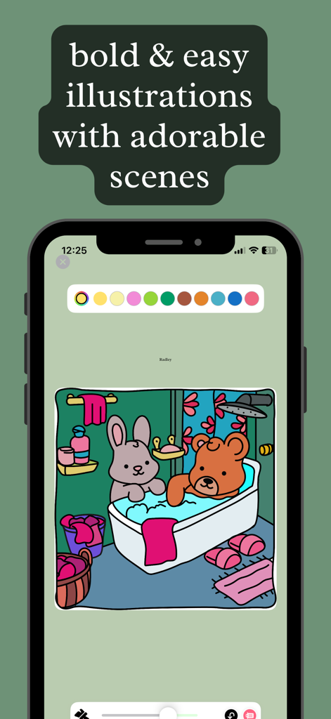 cozy cottage coloring - Smartphone screen showing a coloring app with a hand-drawn illustration of a bunny and a bear in a bathtub.