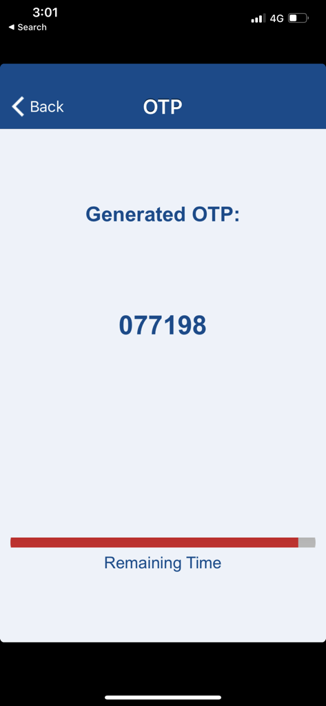 NBK Egypt Mobile Secure app screen displaying a generated six digit OTP code and a remaining time progress bar
