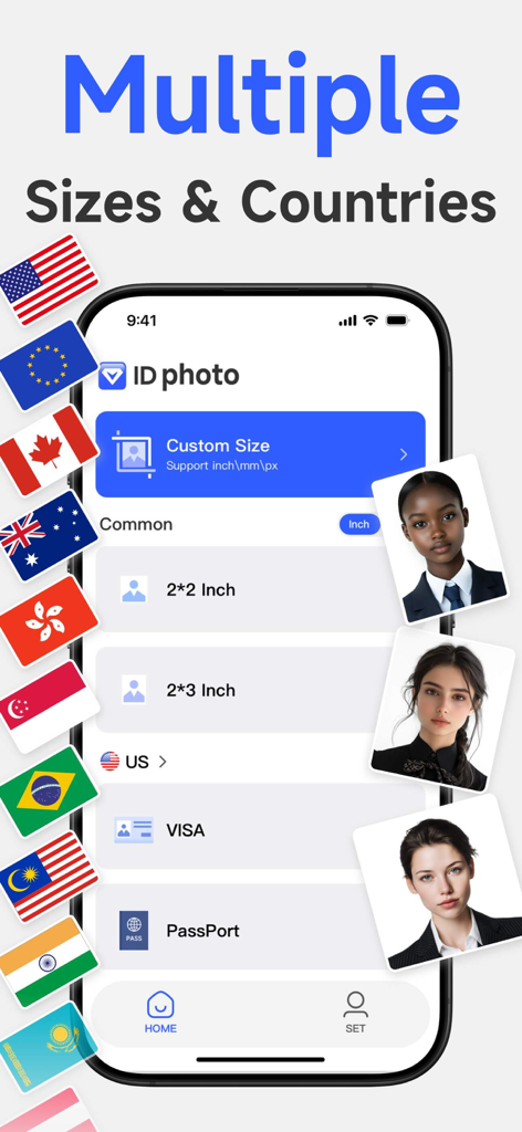Passport Photo-ID Photo pro - 다양한 국제 국기가 있는 다양한 국가의 신분증 및 여권 사진 크기를 표시하는 모바일 앱 인터페이스