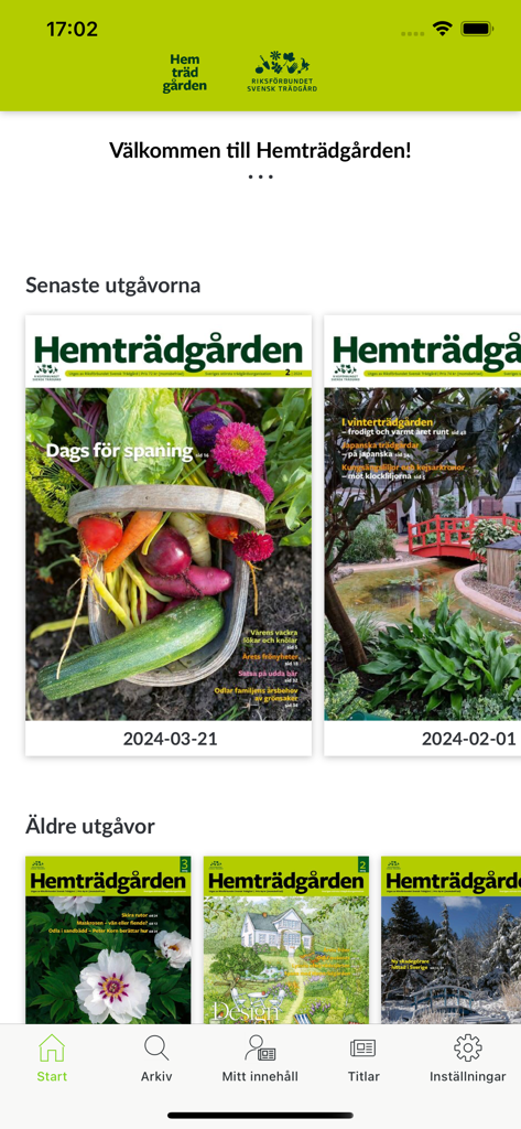 Hemträdgården - The library screen of the Hemträdgården app displaying recent and archived gardening magazine issues.