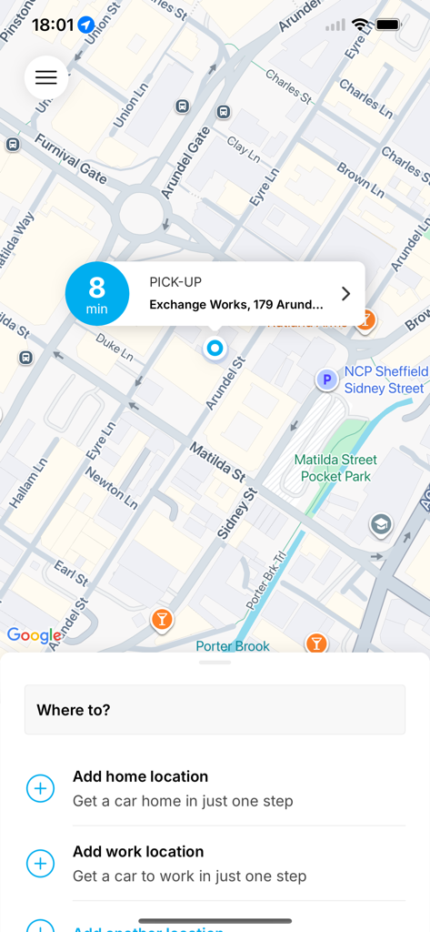 Door 2 Door Taxis app interface showing a map with a pick-up location and options to add home and work addresses