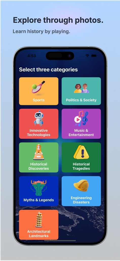 Auswahlbildschirm für Kategorien der Weltgeschichts-Quiz-App WhenWhere mit Symbolen für Sport, Politik und historische Themen