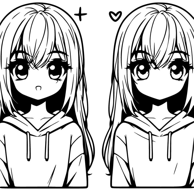 straight hair, sweatshirt, anime eyes, thin, small mouth