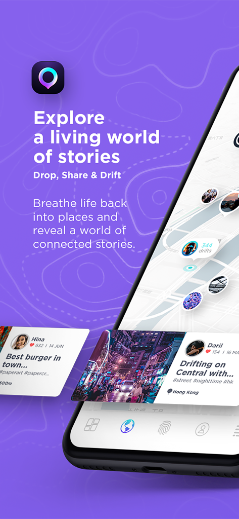 Smartphone displaying the drift app map with user memory drops and location-based stories