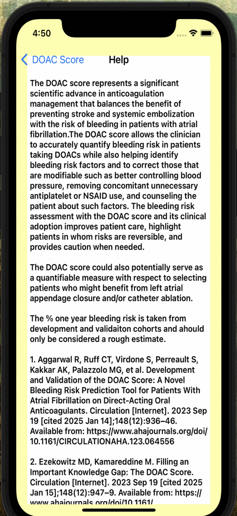 Screenshot of the DOACScore app Help screen detailing scientific references and clinical utility for cardiologists