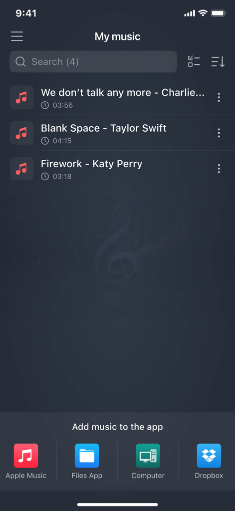 Mp3 Cutter app My Music screen showing a list of songs and options to import audio from Apple Music Files App Computer and Dropbox