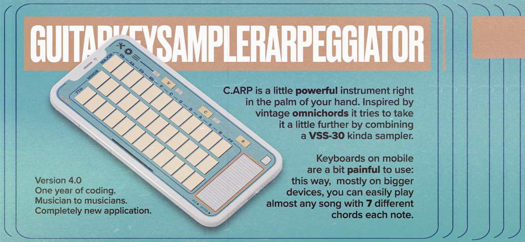C.ARP - Interface de l'application musicale mobile C.ARP avec des boutons d'accords de style vintage et un arpégiateur.
