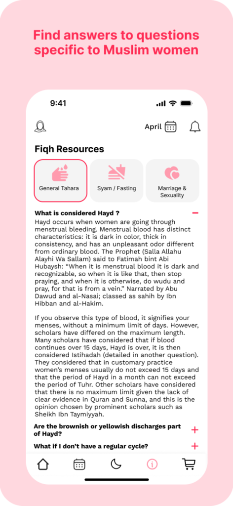 Afifa App: Muslim Women Health - Captura de pantalla de la aplicación Afifa que muestra recursos de Fiqh y orientación religiosa para mujeres musulmanas sobre temas como Tahara y Ayuno.