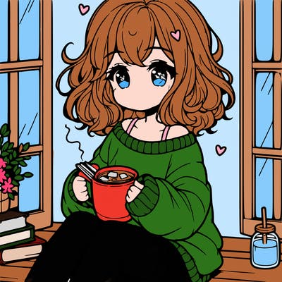 cute anime girl reading book and drinking hot chocolate from mug with loose wavy hair wearing a baggy sweatshirt and shorts sitting by windowsill looking out
