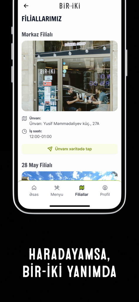 Bir İki Doner Shop - Mobile app interface showing store locations for Bir Iki Doner Shop.