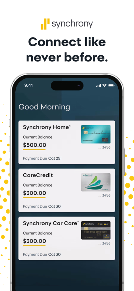 Dashboard of the MySynchrony app displaying multiple Synchrony credit card accounts and balances
