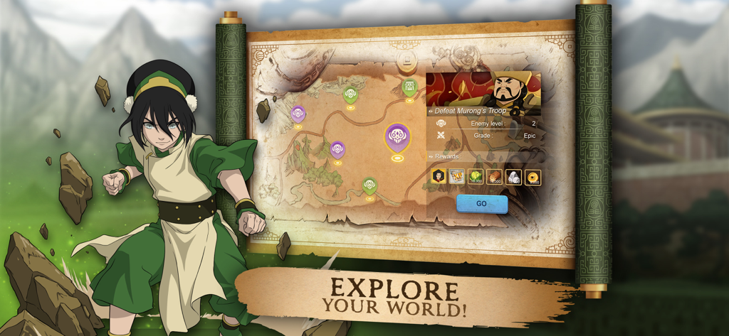 Toph Beifong debout à côté d'un parchemin de carte du monde interactive dans Avatar Realms Collide
