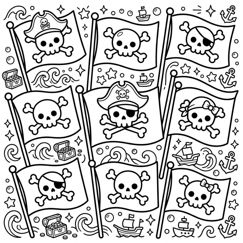 Dive into a world of adorable piracy with our Kawaii Jolly Roger Flags coloring page. Featuring a collection of charming pirate skull-and-crossbones designs, this template brings a sweet twist to classic maritime symbols, perfect for a fun and engaging coloring experience.
