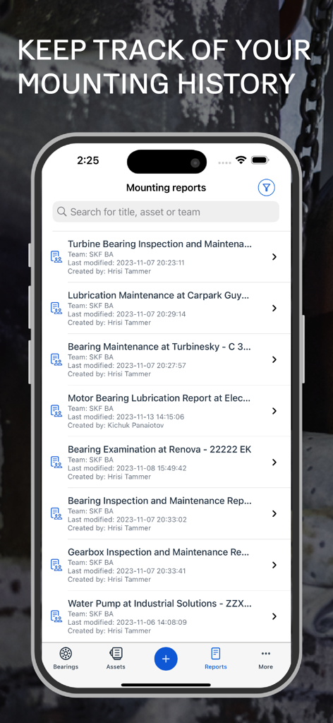 Una pantalla en la aplicación SKF Bearing Assist que muestra una lista detallada de informes pasados de montaje y mantenimiento de rodamientos.