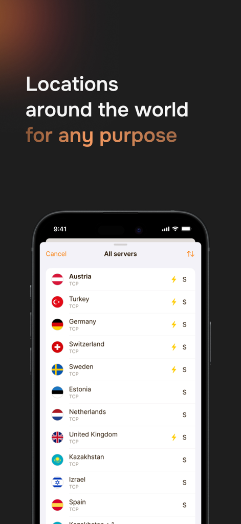 Sun8 - Smartphone displaying a list of international server locations in the Sun8 VPN app.
