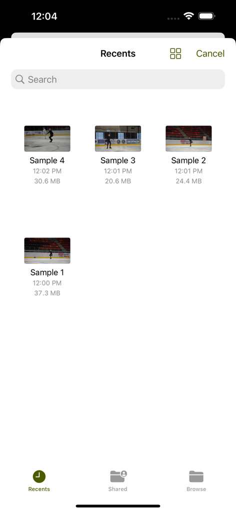 Recent sports videos list in the Coach Video Analyzer app