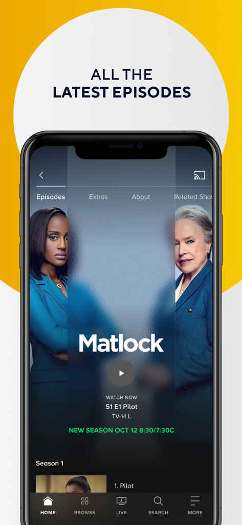 CBS - L'interface de l'application CBS affiche les derniers épisodes de l'émission Matlock sur un smartphone.