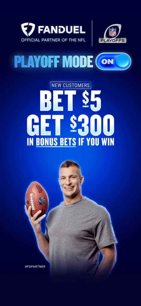 FanDuel Sportsbook NFL Playoff promotion featuring Rob Gronkowski and a bonus bet offer