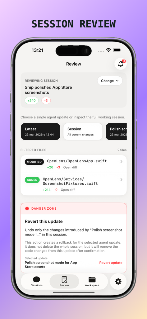 OpenLens app screenshot showing the Session Review screen with code file modifications and a revert update option.