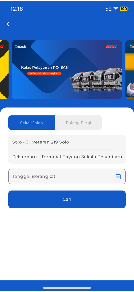 Buzzit - Ecrã da aplicação Buzzit mostrando a interface de pesquisa de bilhetes de autocarro para PO SAN com origem, destino e seleção de data