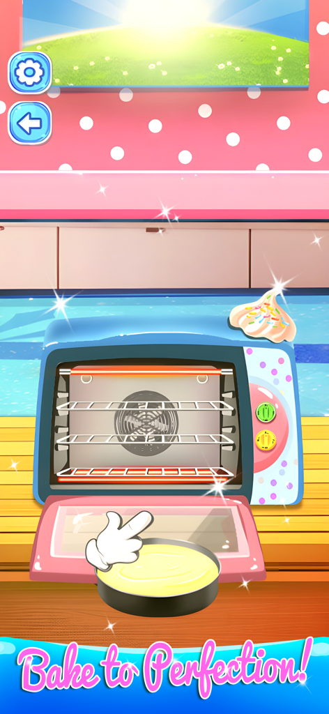 Cake Maker Game - A colorful virtual kitchen with a cake pan being placed into a blue toy oven for baking.