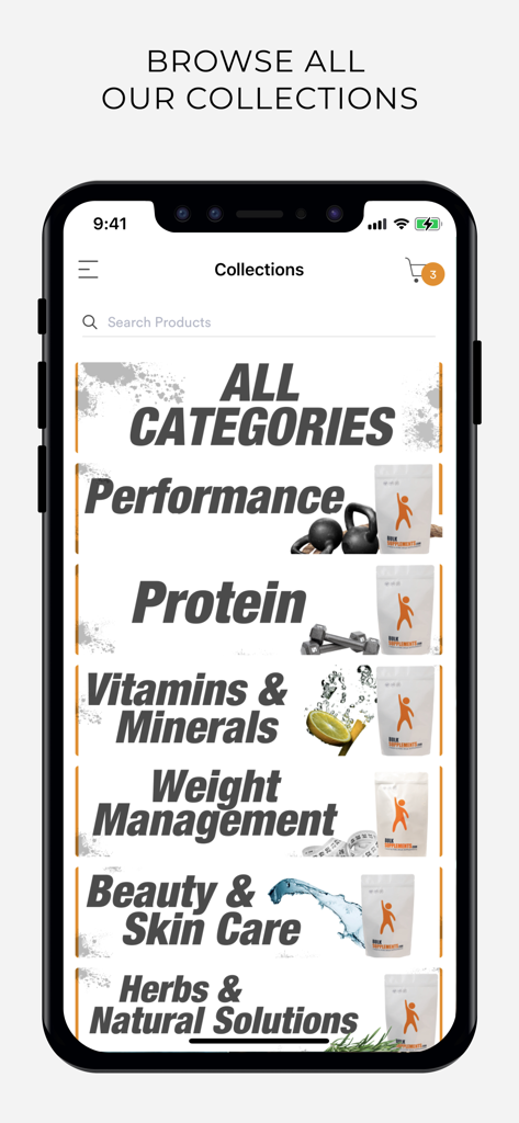 Mobile App-Bildschirm für BulkSupplements, der Produktkategorien wie Performance, Protein und Vitamine anzeigt