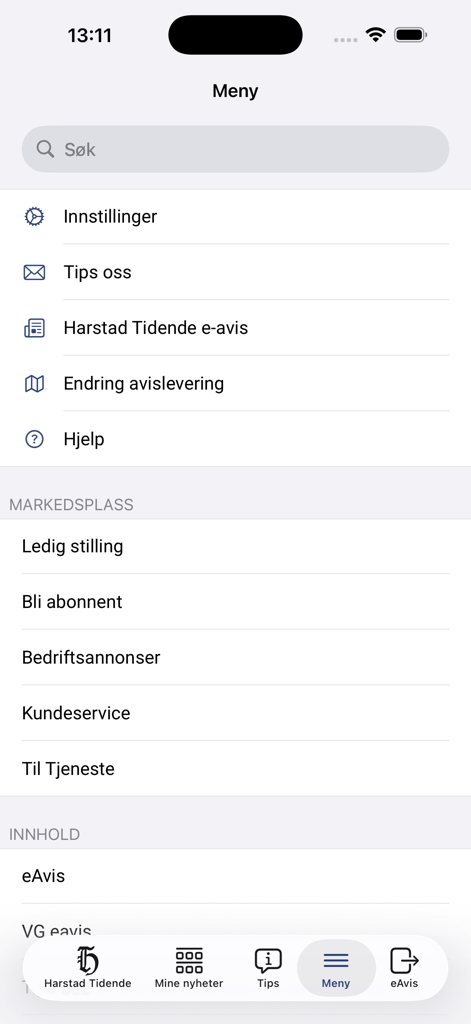 Harstad Tidende Nyheter - Menu do aplicativo móvel Harstad Tidende mostrando configurações, mercado e navegação de notícias locais