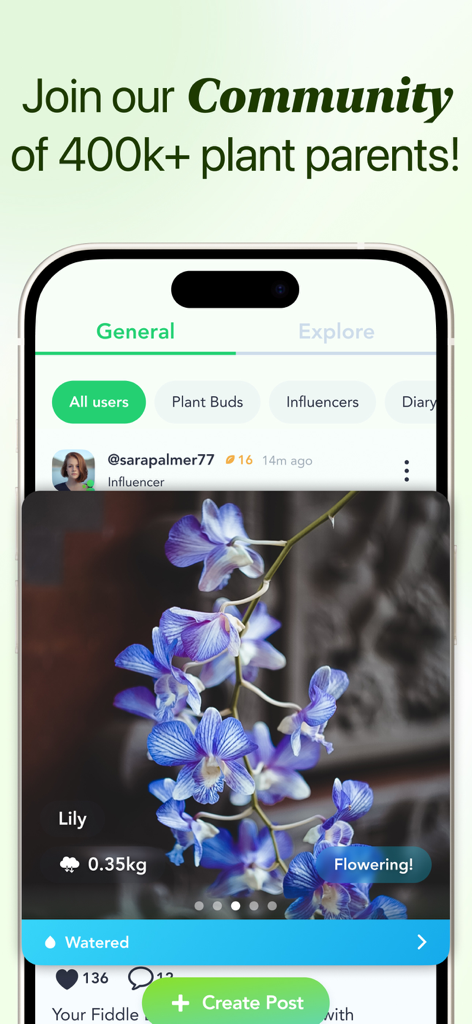 Flora - Plant ID & Diagnosis - Flora app community garden screen showing a social feed of plant parents and a flowering lily post