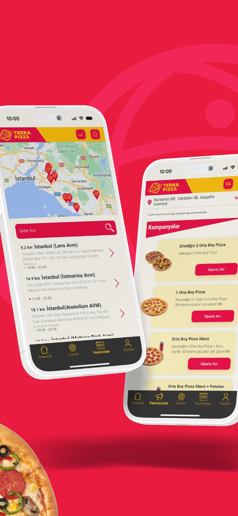 Terra Pizza - Terra Pizzaアプリを表示する2つのスマートフォン画面。レストランの場所マップと特別なピザキャンペーンが表示されています。