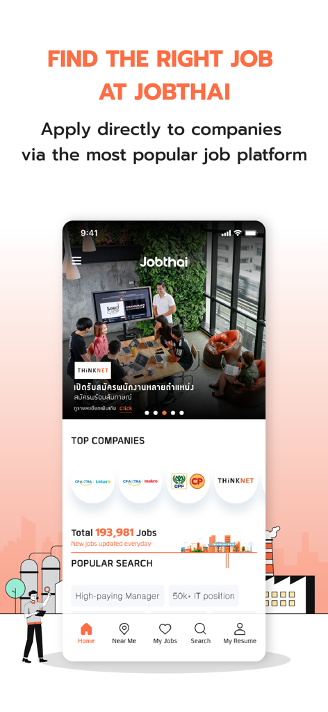 JobThai Jobs Search - JobThai mobile app home screen showing top companies and popular job search tags