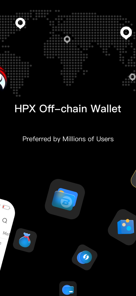 HPX 오프체인 지갑 인터페이스, 월드맵 및 디지털 자산 아이콘 표시