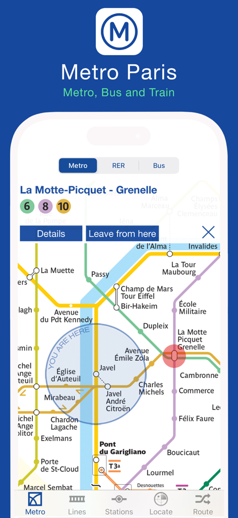 Paris metro map interface on a smartphone showing subway lines and current location