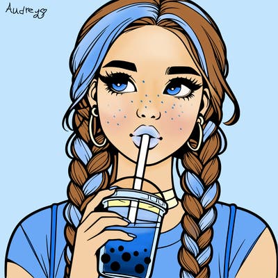 realistic girl with braided hair drinking boba