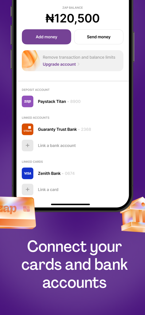 Zap by Paystack - ナイラ建ての残高と連携された銀行口座やカードを表示するZap by Paystackアプリのインターフェース