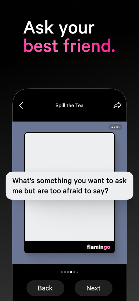flamingo cards - Una captura de pantalla de la aplicación Flamingo Cards mostrando una indicación de Spill the Tea haciendo una pregunta profunda para mejores amigos.