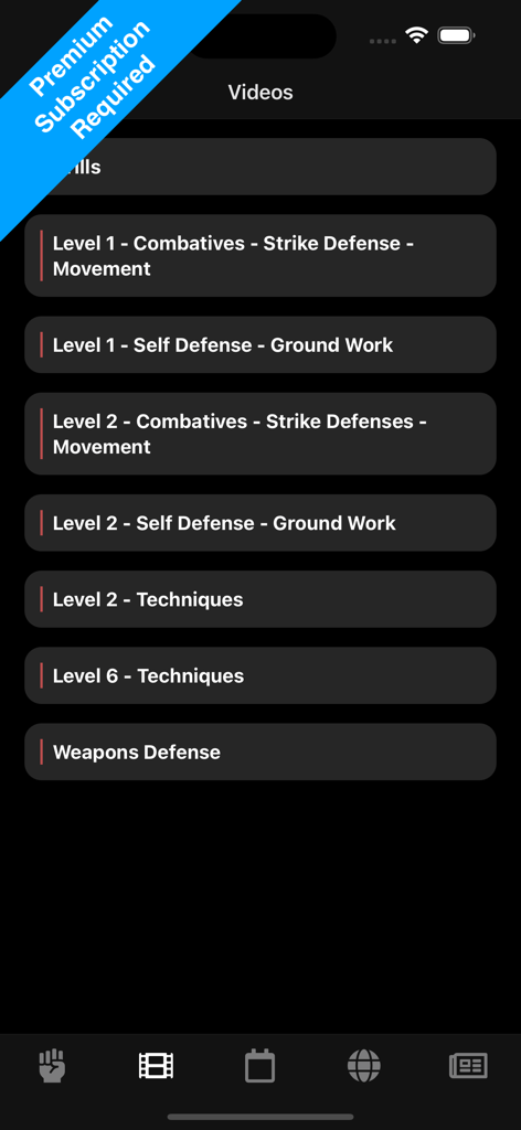 Krav Maga Pro - List of self defense training video categories in the Krav Maga Pro app organized by skill levels