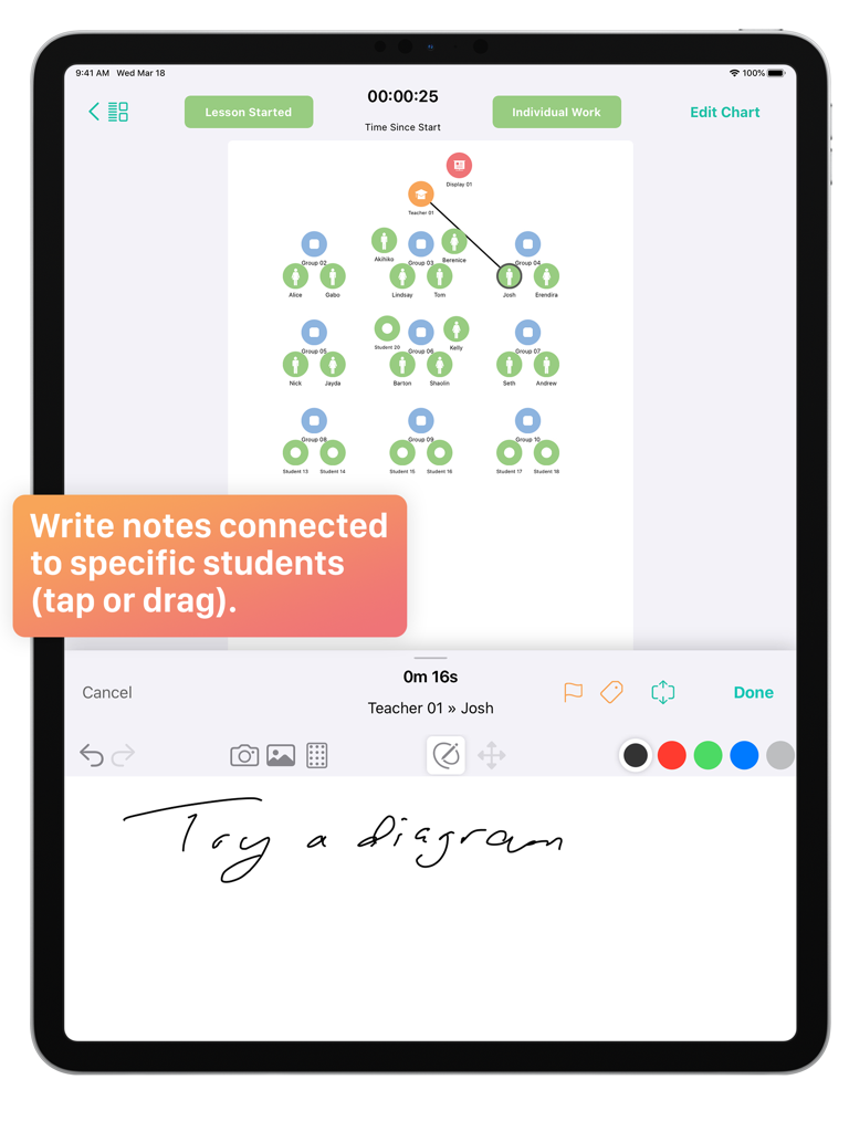 App LessonNote su iPad che mostra una planimetria di classe e note di osservazione scritte a mano.