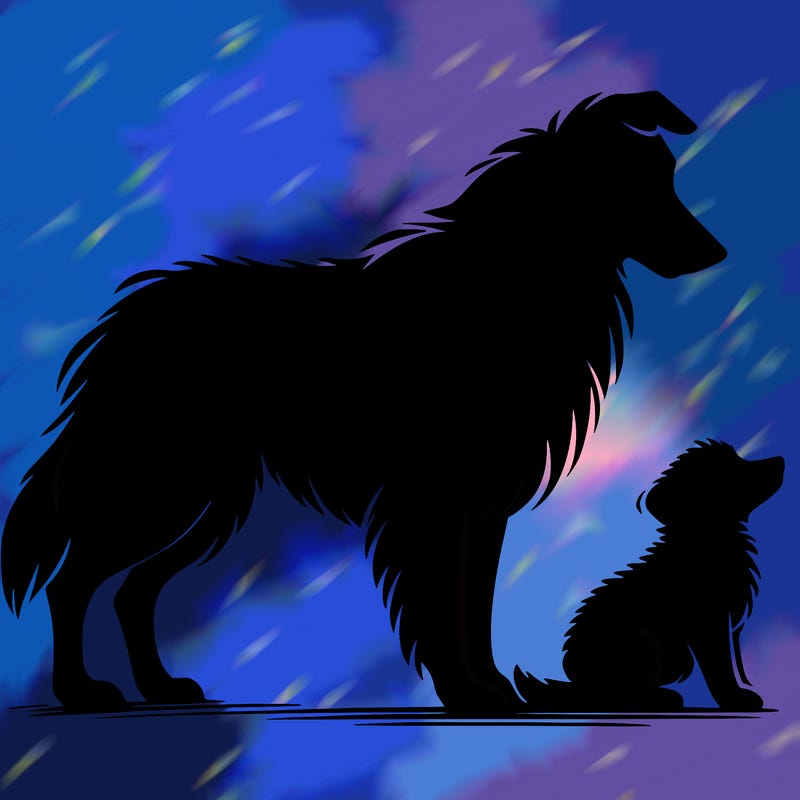 silhouette of a shepherd with his still and baby dog