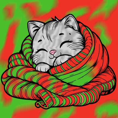 realistic cozy cat in a blanket